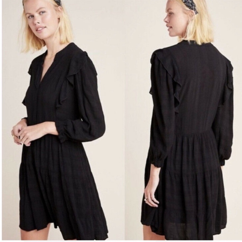 Anthropologie Amadi Black Ruffle Prairie Dress Size Medium EUC